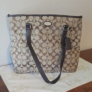 Coach Brown Signature Tote with Leather Accents
